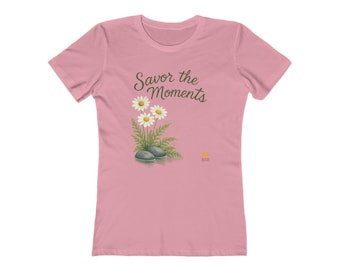 Women’s Relaxed Fit Nature Tee • Savor the Moments™ Floral Shirt • White Daisy, Fern & Stone Illustration • Calm Outdoor Inspired Daily Wear