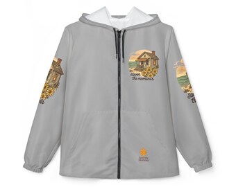 Coastal Cabin Windbreaker • Yellow Daisy Beach Jacket • Ocean Waves AOP Print • Relaxing Porch Chair Design