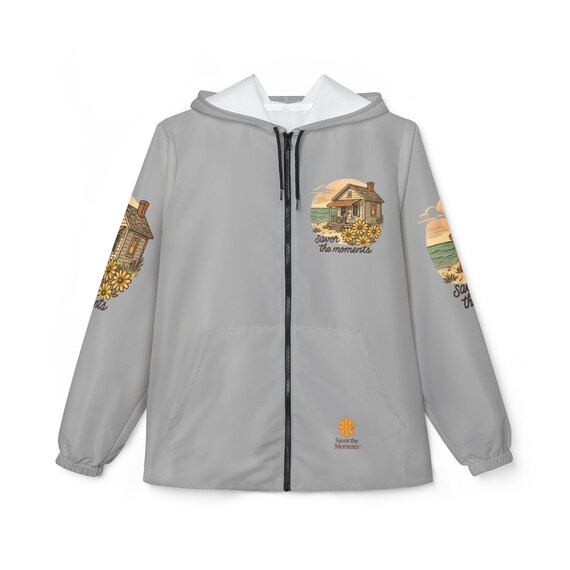 Coastal Cabin Windbreaker • Yellow Daisy Beach Jacket • Ocean Waves AOP Print • Relaxing Porch Chair Design