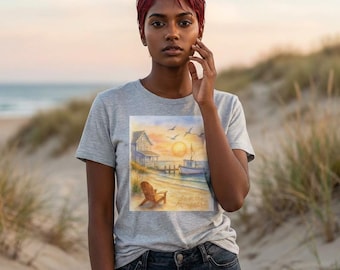 Sunrise Coastal Scene T-Shirt | Beach House, Boat, Seagulls
