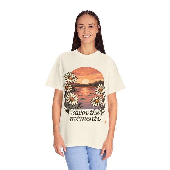 Sunset Daisy Floral T-Shirt: Garment-Dyed Comfort, Nature Lover Gift
