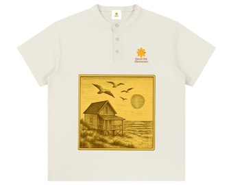 Beach Life Henley Shirt • Sunlit Ocean Waves & Seagulls Graphic • Coastal Home Tee • Relaxed Summer, Ocean Lovers