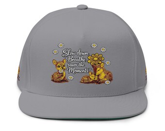 Slow Down Breathe Enjoy the Moments flat bill cap | embroidered daisy fawn design