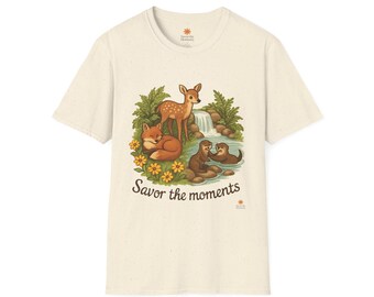 Woodland Animals Nature Tee | Otter Fox Deer Forest Tee, Waterfall Scene Graphic Shirt | Savor the Moments TM Wildlife Apparel