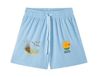 Meet "Savory" Our Mascot with a heart, Coastal Vibe, Mesh, Drawstring Shorts, Smiling Daisy