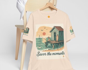 Beach Pier Sunset T‑Shirt • Ocean Adventure Graphic • Surf Cabin Illustration • Explore the Wild Nature Tee