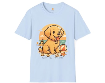 Beach Vibes Dog T‑Shirt • Savor the Moments™ Unisex Softstyle Tee • Coastal Cartoon Graphic with Seashells & Beach Ball