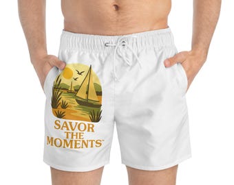 Sailboat Graphic Swim Trunks | Beach Sunset Design, Savor the Moments