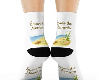 Seashell Coastal Crew Socks • Beach Scene Ocean Design • Savor the Moments Quote • Coastal Lover Gift