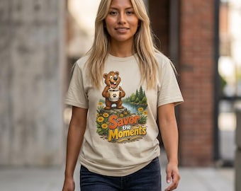 Bear Coffee T-Shirt | Vintage Camping Nature Graphic, Animal Graphic, Savor the Moments
