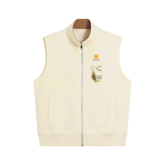 Coastal‑inspired heavyweight vest designed with a serene beach scene and ocean elements that encourage you to savor the moments™.”