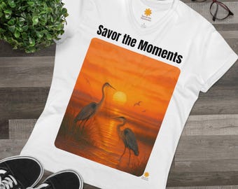 Herons, Relaxed V-neck T-Shirt, Savor the Moments Graphic Tee, Sunset, Nature gift, Casual Wear