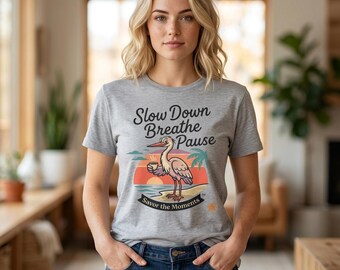Heron Coffee Sunset T-Shirt | Relaxation Graphic Tee, Slow Down Breathe Pause