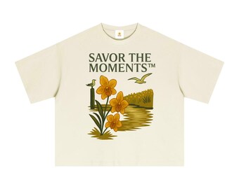 Coastal vibe, Seagulls, Orange Flowers, Essential Sorona Boxy T-Shirt