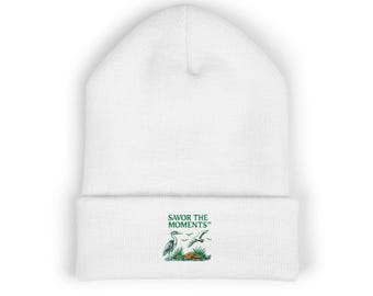 Coastal Bird Embroidery Cuff Beanie • Herons & Seagulls Nature Illustration • Savor the Moments™ Outdoor Floral Design • Cozy Coastal Wear