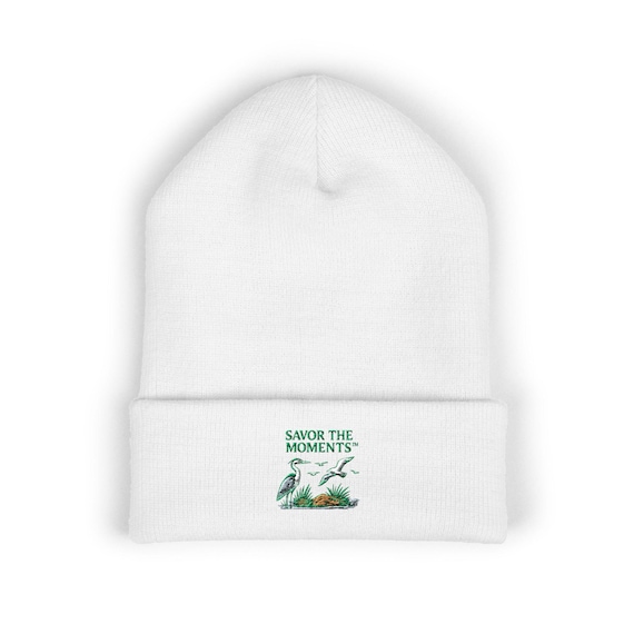 Coastal Bird Embroidery Cuff Beanie • Herons & Seagulls Nature Illustration • Savor the Moments™ Outdoor Floral Design • Cozy Coastal Wear