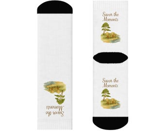 Scenic Tree Crew Socks • Savor the Moments Nature Quote • Cozy Outdoorsy Gift • Forest Lover Socks
