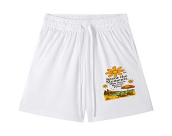 Shorts, Sporty Mesh Drawstring, lake vibe, beach chairs, birds, calming Slow Down, Breathe, Pause phrases, outdoor running, casual days.