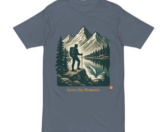 Mountain & Lake Hiking Tee • Men’s Heavyweight Vintage Shirt • Relaxed Fit Outdoor Adventure Graphic