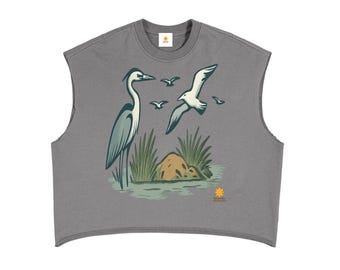 French Terry Tank Top, Coastal Birds, Boxy Sleeveless Shirt.