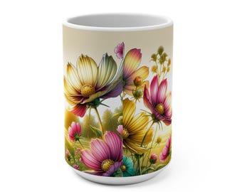 15oz Pink Daisies Mug • Durable Ceramic Coffee Cup • Floral Tea Lover Gift • Bright Flower Drinkware