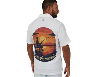 Men's Hawaiian Camp Shirt with Fishing Design - Summer, Beach Days, Vacation, Father's Day, Casual Outings, Relaxed Style