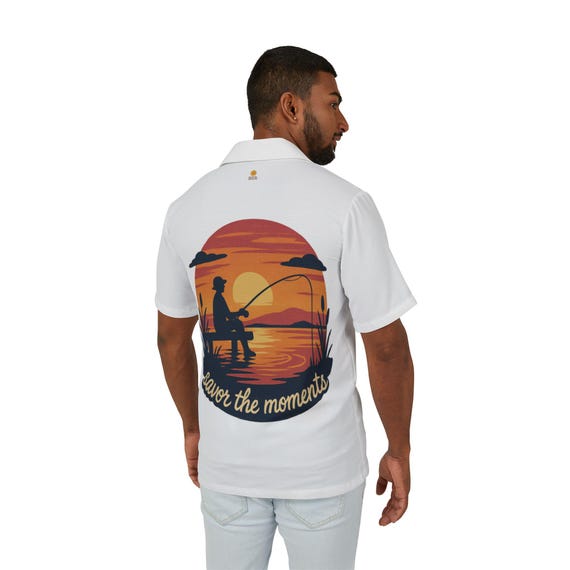 Men's Hawaiian Camp Shirt with Fishing Design - Perfect for Summer, Beach Days, Vacation, Father's Day, Casual Outings, Relaxed Style