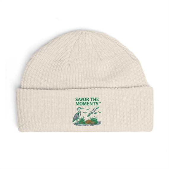 Coastal Bird Embroidery Cuff Beanie • Herons & Seagulls Nature Illustration • Savor the Moments™ Outdoor Floral Design • Cozy Coastal Wear
