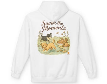 Playful Puppy Nature Scene Hoodie • Cozy Animal Graphic Sweatshirt • Woodland Stream Illustration • Outdoor Inspired Dog Lover Gift