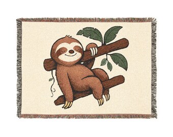 Sloth Woven Throw Blanket • Cozy Forest Animal Illustration • Soft Woodland Decor • Nature‑Inspired Home Accent