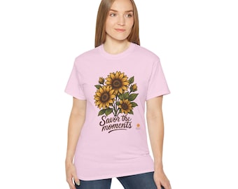 Nature Lover Sunflower Graphic Tee • Savor the Moments™ Quote Shirt • Soft Floral Inspirational T‑Shirt • Thoughtful Mindful Living Gift