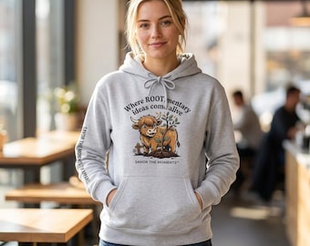 Highland Cow Illustration Hoodie, Botanical Farm Design