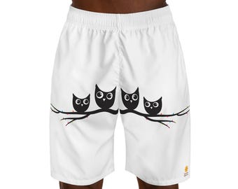 Playful Owl Print Jogger Shorts, Cute Summer Loungewear, Outdoor Shorts for Men, Gift for Animal Lovers, Casual Beachwear