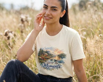 Cabin Lake Scene T-Shirt | Scenic Nature Landscape Tee, Savor the Moments