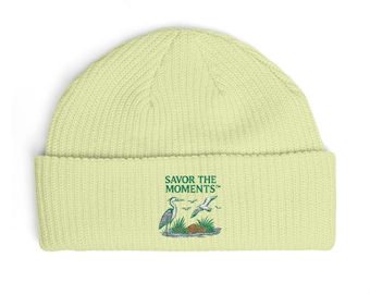 Coastal Bird Embroidery Cuff Beanie • Herons & Seagulls Nature Illustration • Savor the Moments™ Outdoor Floral Design • Cozy Coastal Wear