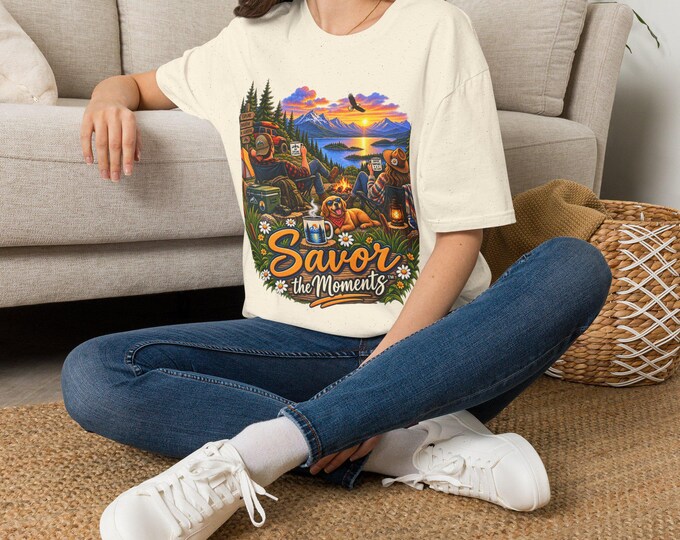 Featured listing image: Sunset Lake Mountain Camping Dog Scene T-Shirt | campfire, Savor the Moments