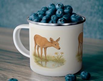 Watercolor Deer Scene Enamel Mug | Camping Nature Wildlife