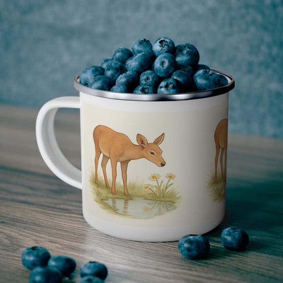 Watercolor Deer Scene Enamel Mug | Camping Nature Wildlife