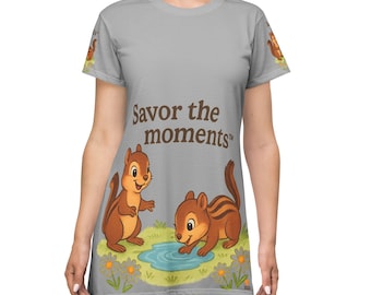 Chipmunk Illustration T‑Shirt Dress • Soft Pastel Woodland Critter Art • Cozy Nature‑Inspired Animal Wear