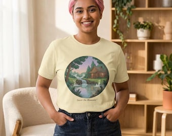 Cabin by the Stream Tee | Cottage Landscape Shirt, Nature Illustration