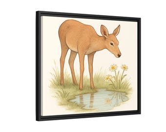 Fawn by Pond Matte Canvas Print, Framed Wall Art | Nursery Deer Illustration