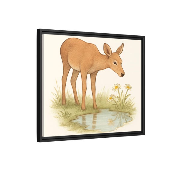 Fawn by Pond Matte Canvas Print, Framed Wall Art | Nursery Deer Illustration