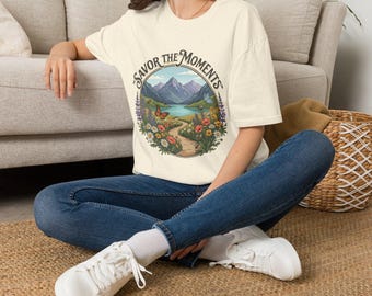 Mountain lake floral illustration, Savor the Moments landscape shirt