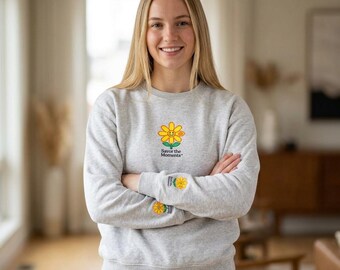 Daisy Mascot Illustration Crewneck Sweatshirt | Small Chest & Sleeve Floral Design