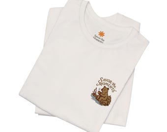 Bear Holding Coffee Mug T‑Shirt • Cozy Woodland Nature Graphic • Relaxed Fit Outdoor Adventure Tee