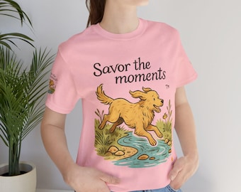 Stream Dog Illustration Tee • Running Golden Retriever Shirt • Nature Scene Graphic • Outdoor Adventure Dog Lover T‑Shirt