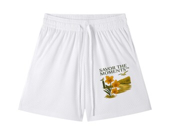 Coastal vibe, Birds, Yellow Flower, Mesh Drawstring Shorts