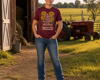 Maroon Daisy Christian T-Shirt, Proverbs 31:30 Scripture, Savor the Moments Tee