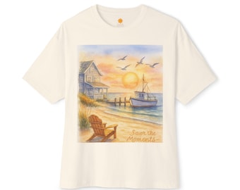 Coastal Sunset Beach Scene Tee | Seaside Porch, Fishing Boat, Seagulls