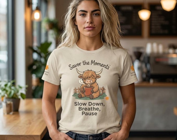 Featured listing image: Highland Cow 'Savor the Moments' Tee | Slow Down Breathe Pause, Relaxation Shirt